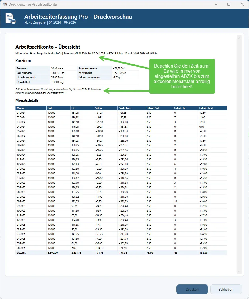 Arbeitszeitkonto in Arbeitszeiterfassung Pro
