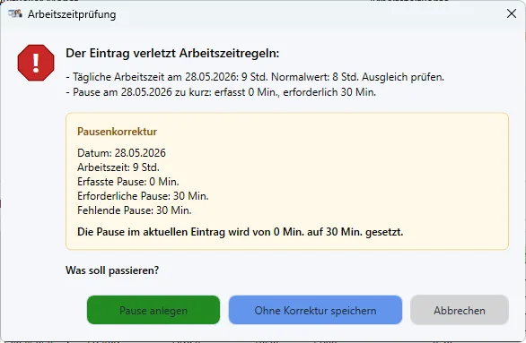 Hinweis auf Arbeitszeitverletzung